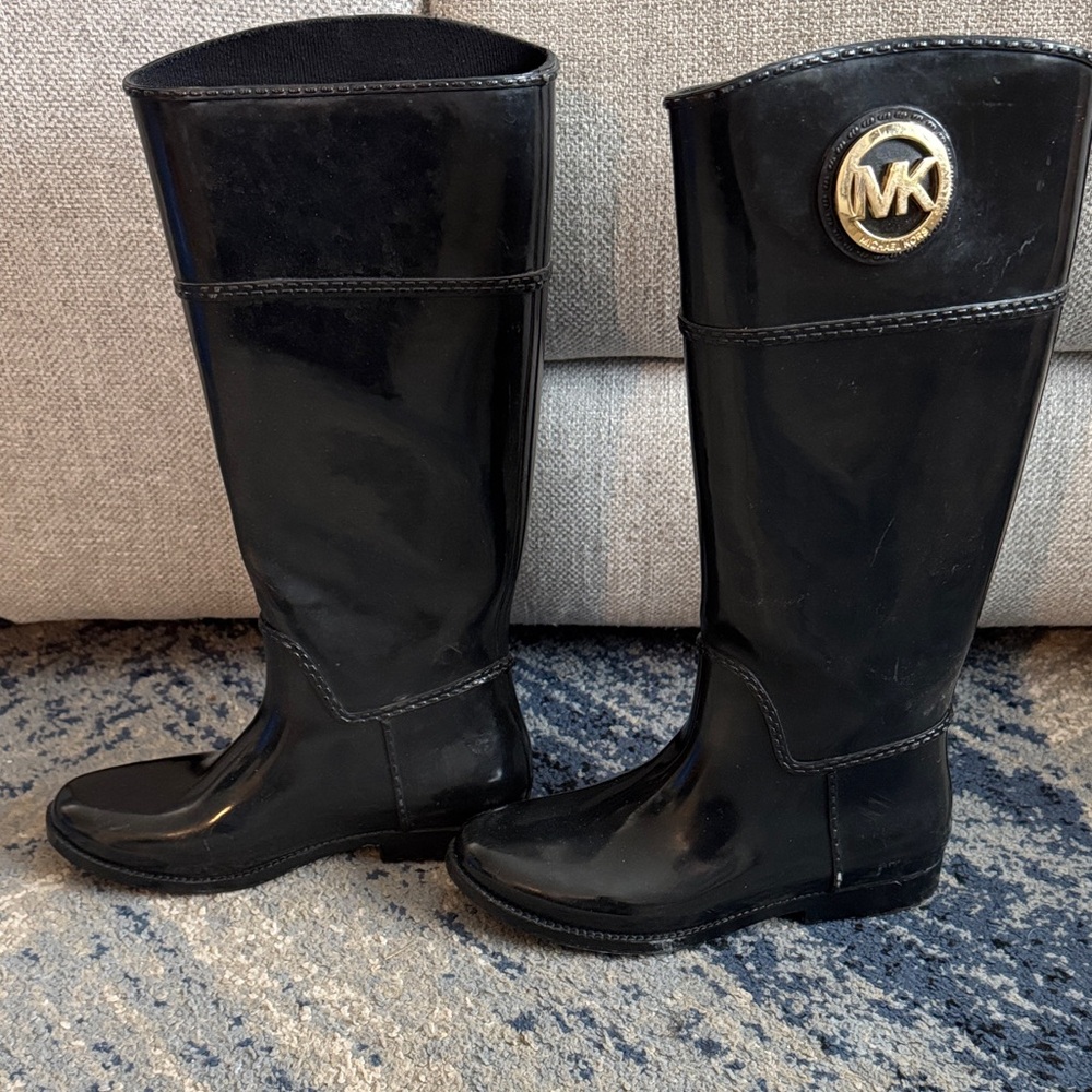 Michael Kors Black Glossy Rain Boots with Gold MK Emblem